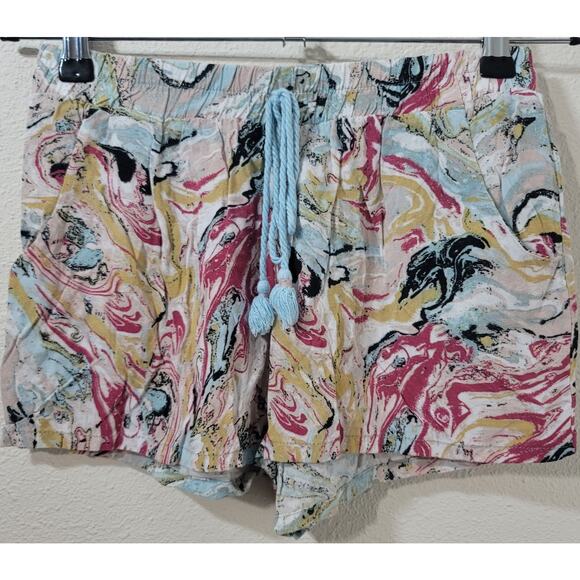 BePop Pink Blue Abstract Print Pull On Shorts Small Lightweight Pleated Front - Picture 1 of 5